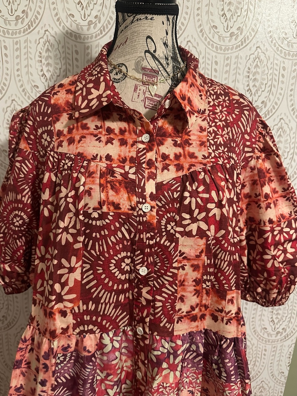 Flying Tomato Red Patchwork Button-Front Women's Dress